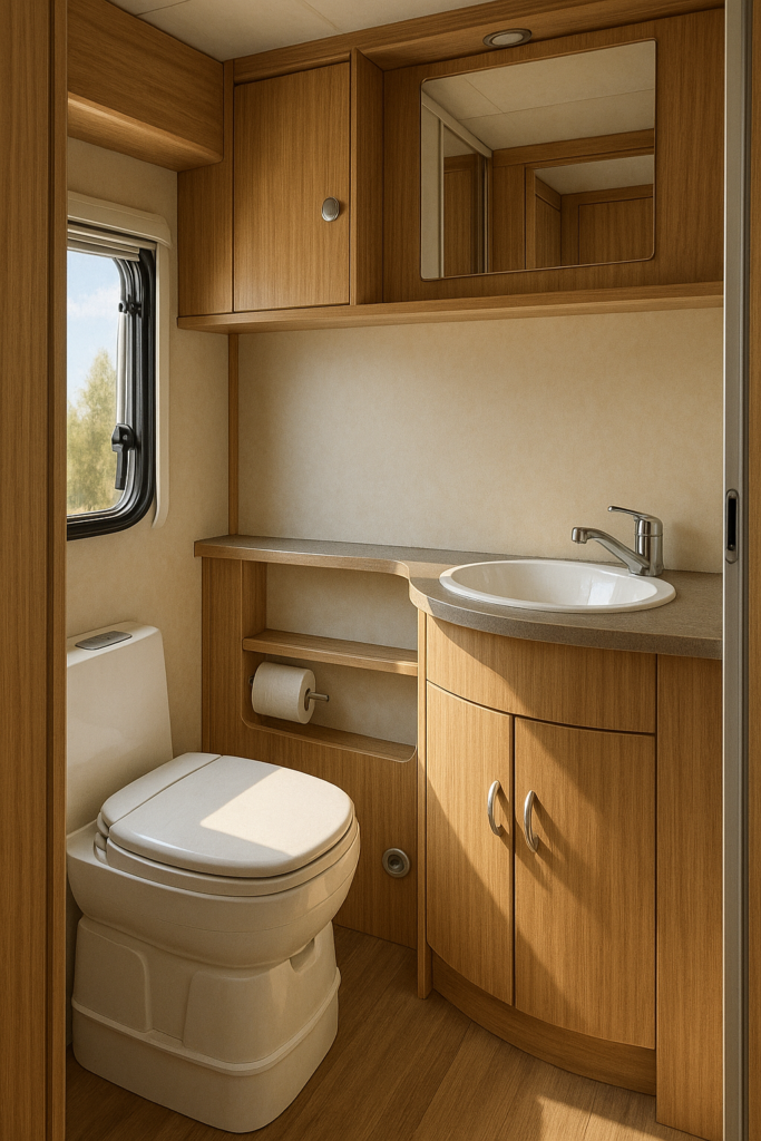 Cuarto de baño de caravana con WC químico en un interior moderno y ordenado