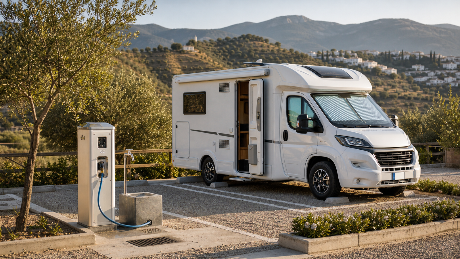 Área de autocaravanas con servicios entre olivos en Andalucía