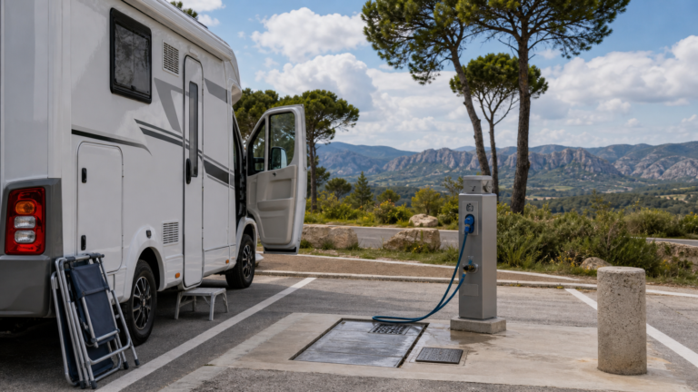Area de autocaravanas en Cataluna con servicios y paisaje mediterraneo