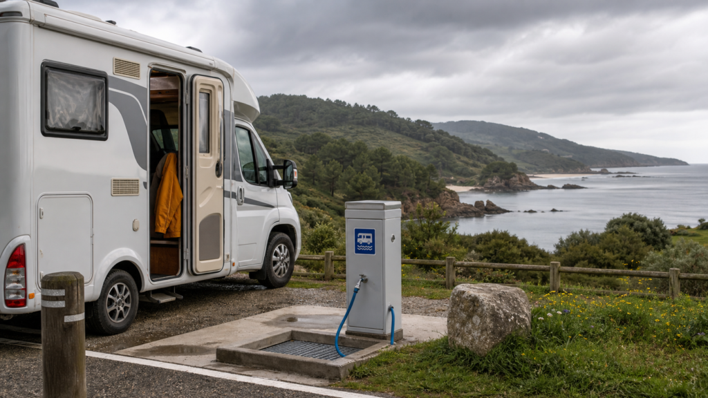 Area de autocaravanas en Galicia con paisaje verde y cielo atlantico