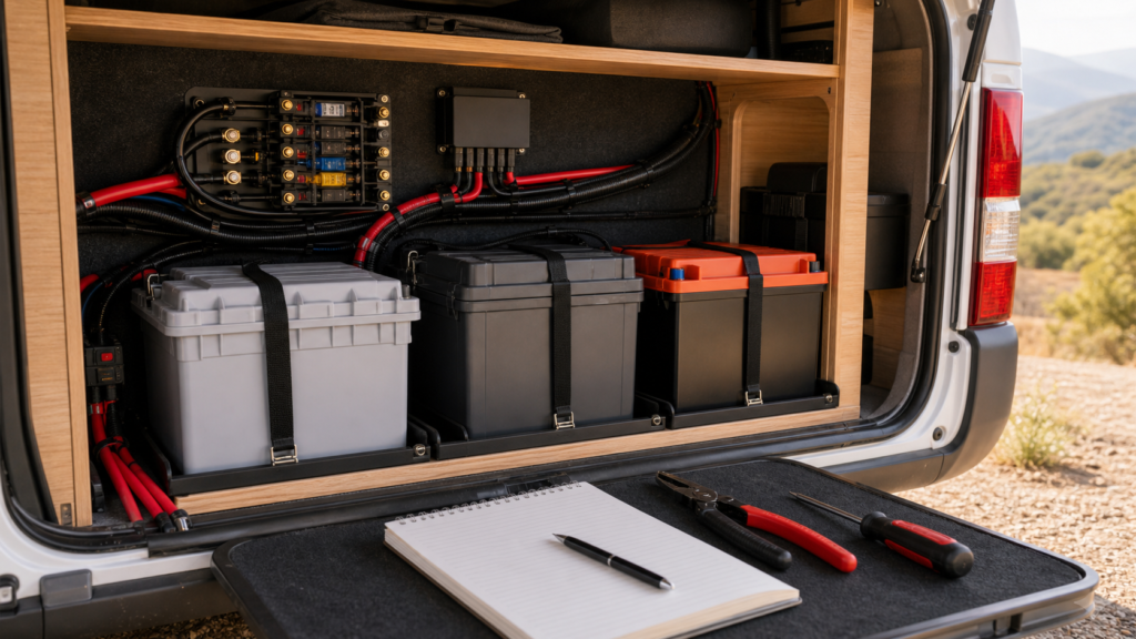 Compartimento electrico de camper preparado para comparar baterias