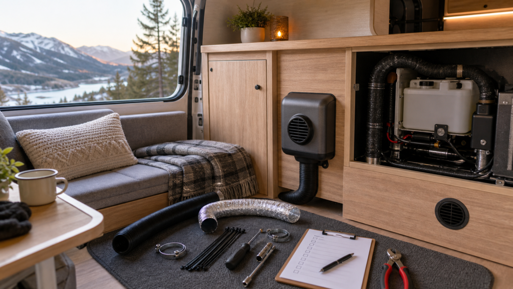 Interior de camper preparado para calefaccion estacionaria segura