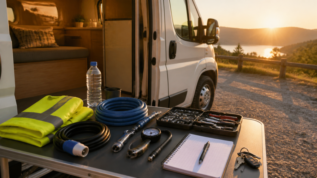 Mesa con herramientas, cable, manguera y checklist antes de salir en camper