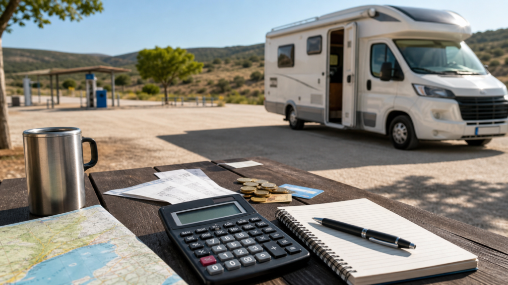 Mesa con calculadora, recibos y autocaravana para calcular costes de viaje