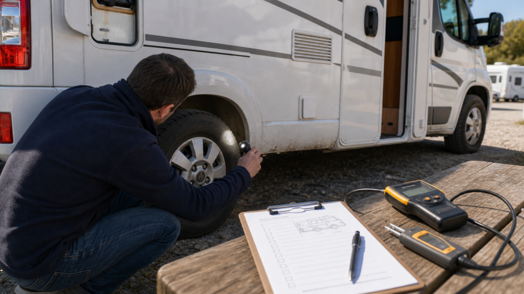 Inspeccion de una camper usada con linterna y herramientas antes de comprar