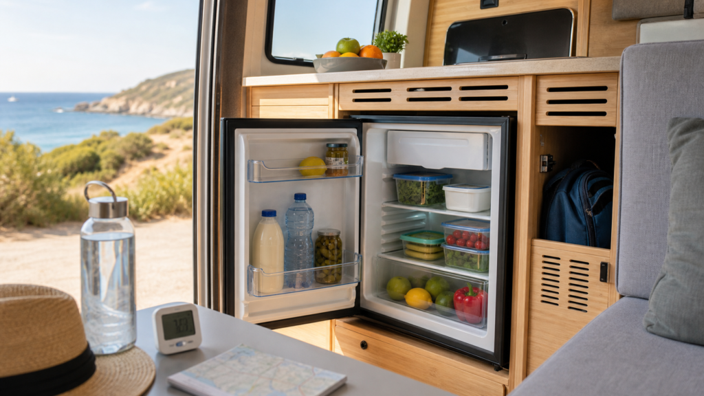Nevera de camper en verano con alimentos y ventilacion cuidada