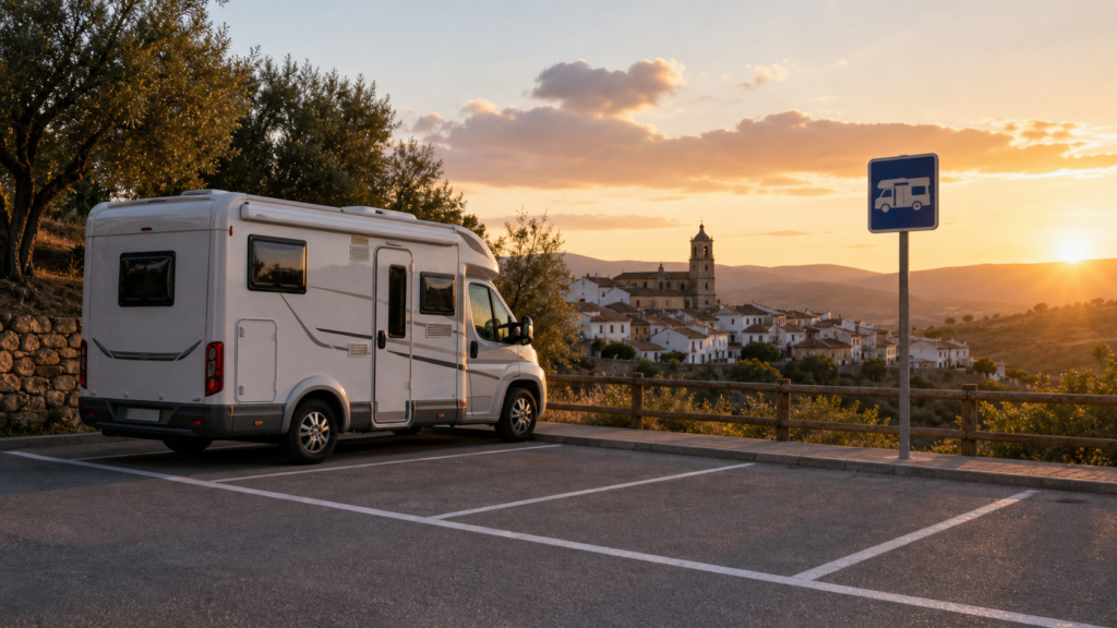 Autocaravana aparcada correctamente en zona marcada sin elementos de acampada