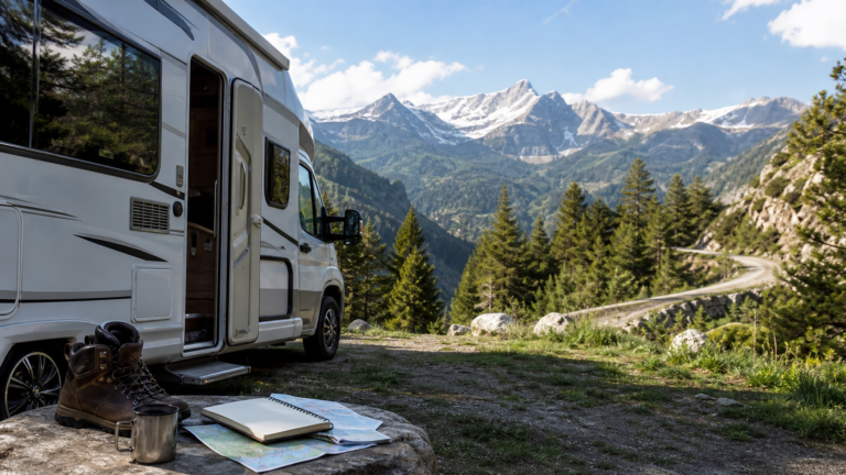Autocaravana en carretera de montana del Pirineo aragones