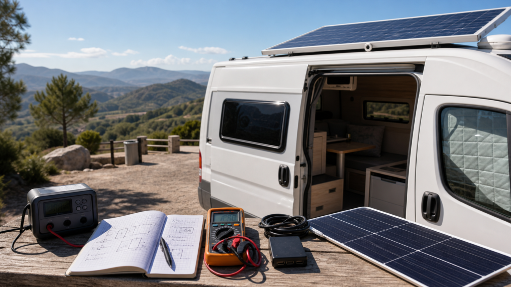Camper con placa solar y herramientas para calcular consumos electricos