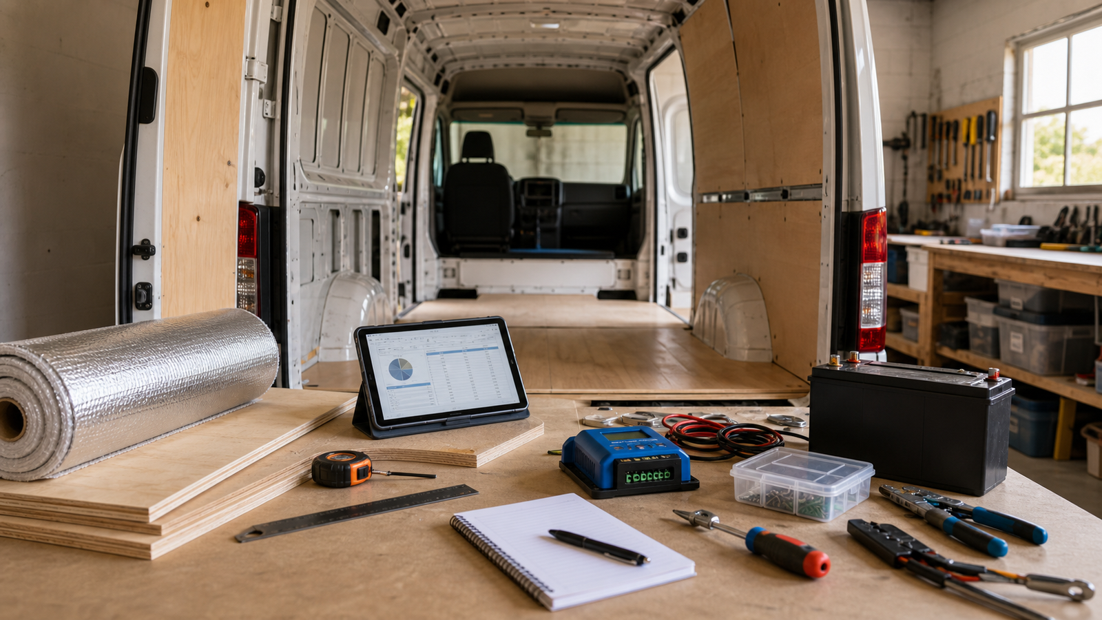 Interior de una furgoneta en proceso de camperización
