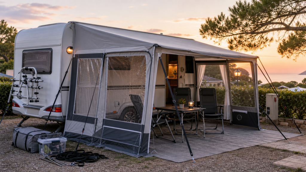 Toldo de caravana bien tensado en una parcela de camping