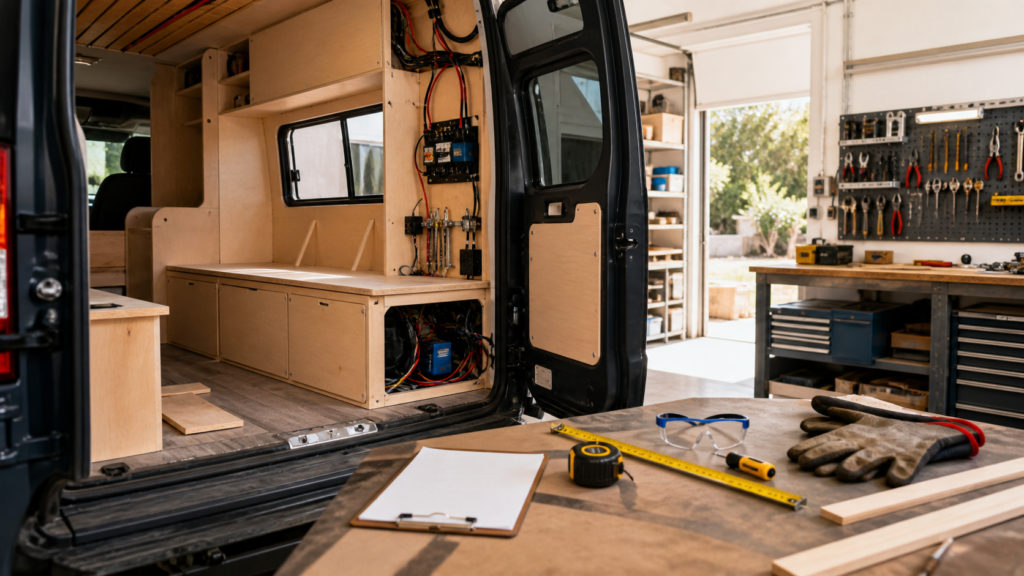 Interior de camper en taller preparado para homologación e ITV