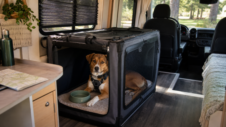 Perro viajando seguro dentro de una camper con transportin, arnes y agua