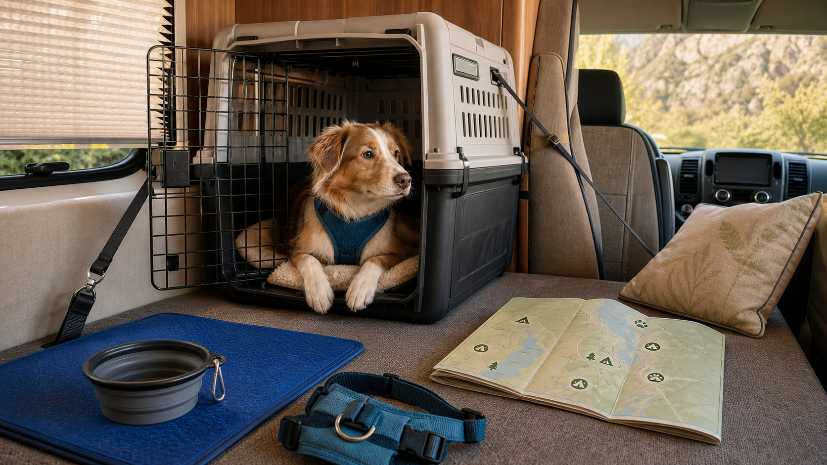Interior de camper preparado para viajar con perro de forma segura