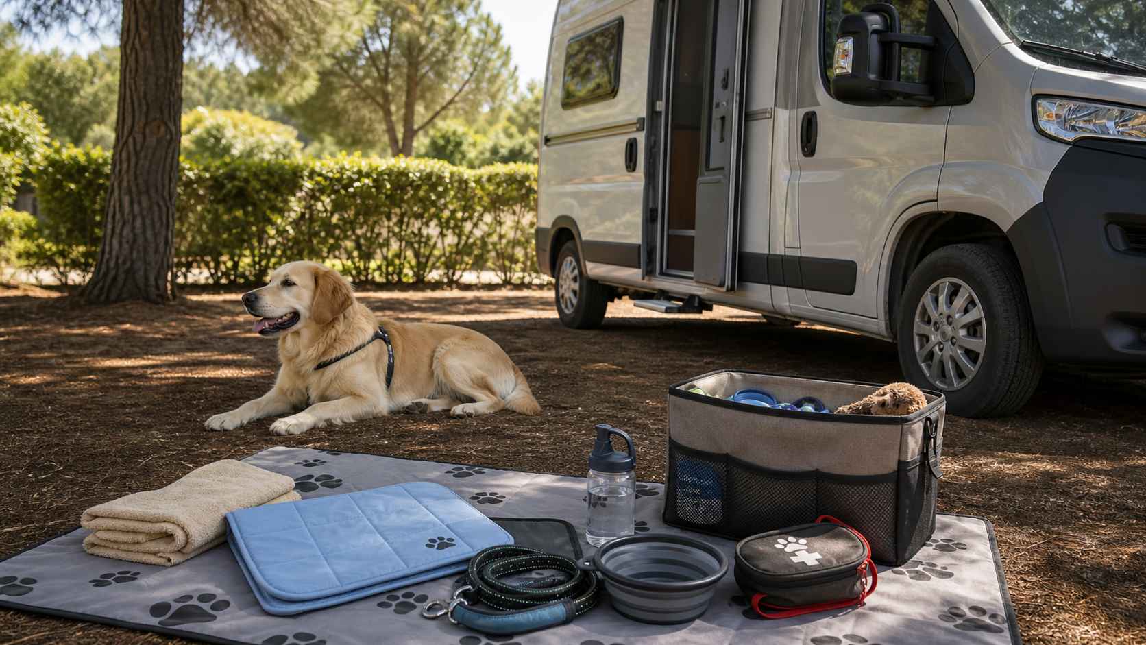 Parcela sombreada preparada para viajar en autocaravana con perro