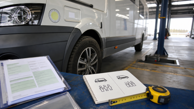Documentación e inspección técnica de una camper con detalle de rueda y ficha
