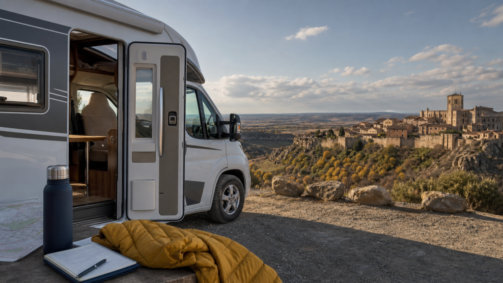 Autocaravana en Castilla y León con pueblo medieval, meseta y mapa de ruta