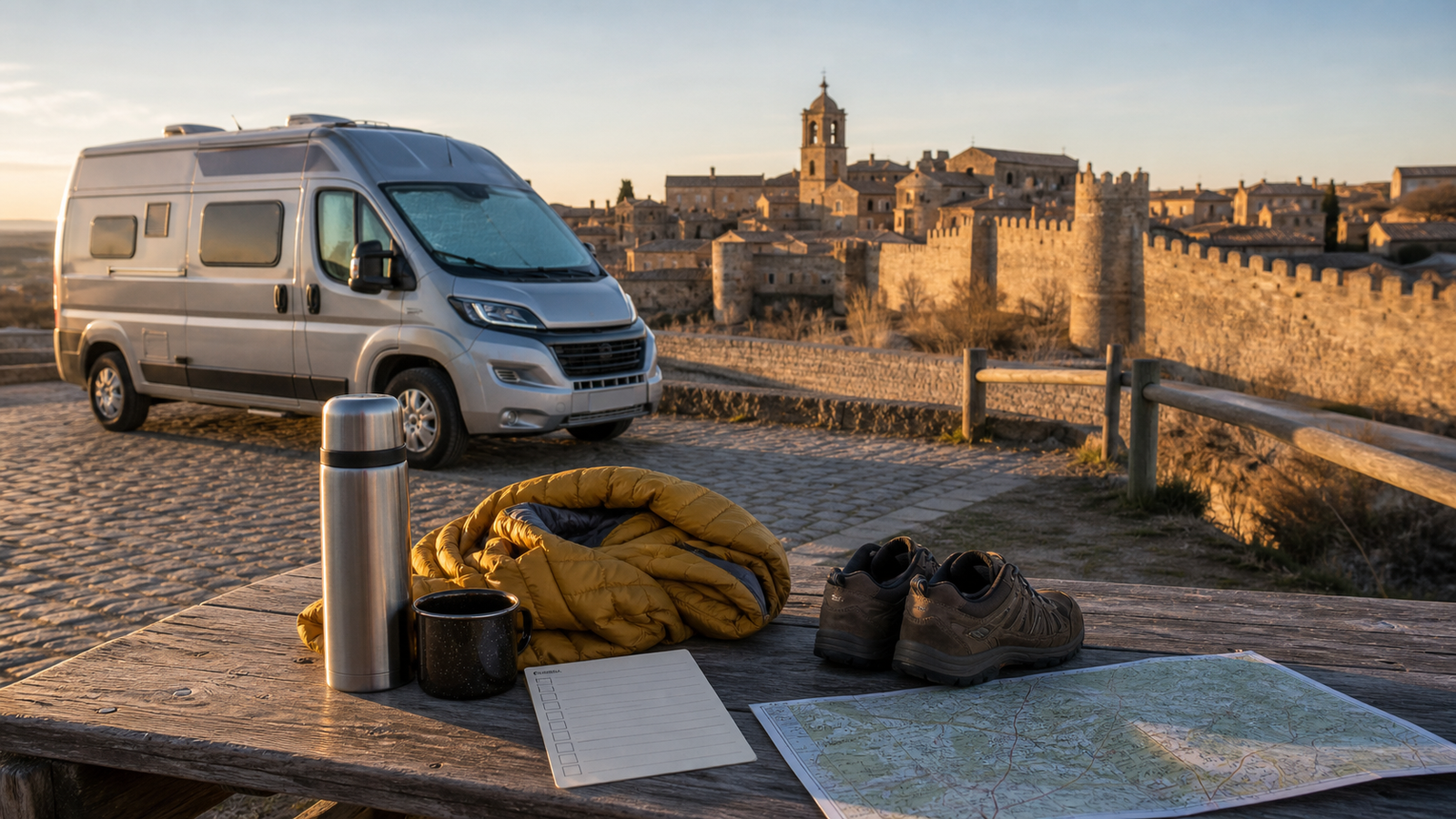Autocaravana fuera de un pueblo de Castilla y León con equipo de paseo y ruta lenta