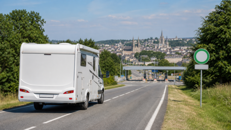 Autocaravana entrando en Francia con carretera, ciudad y contexto de peajes