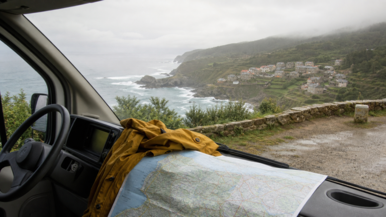Autocaravana en Galicia con costa verde, lluvia suave y mapa de ruta