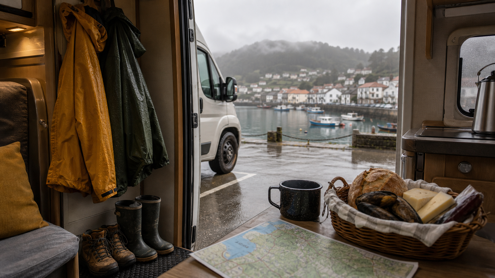 Autocaravana en Galicia con plan de lluvia, ropa seca y pueblo marinero