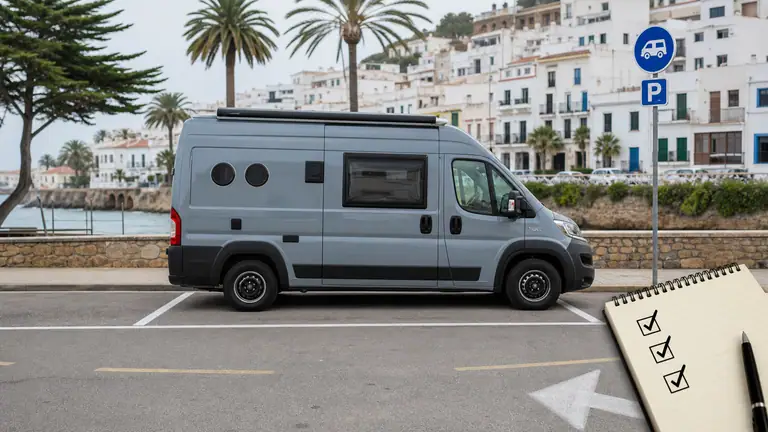 Autocaravana estacionada junto a una senal de trafico