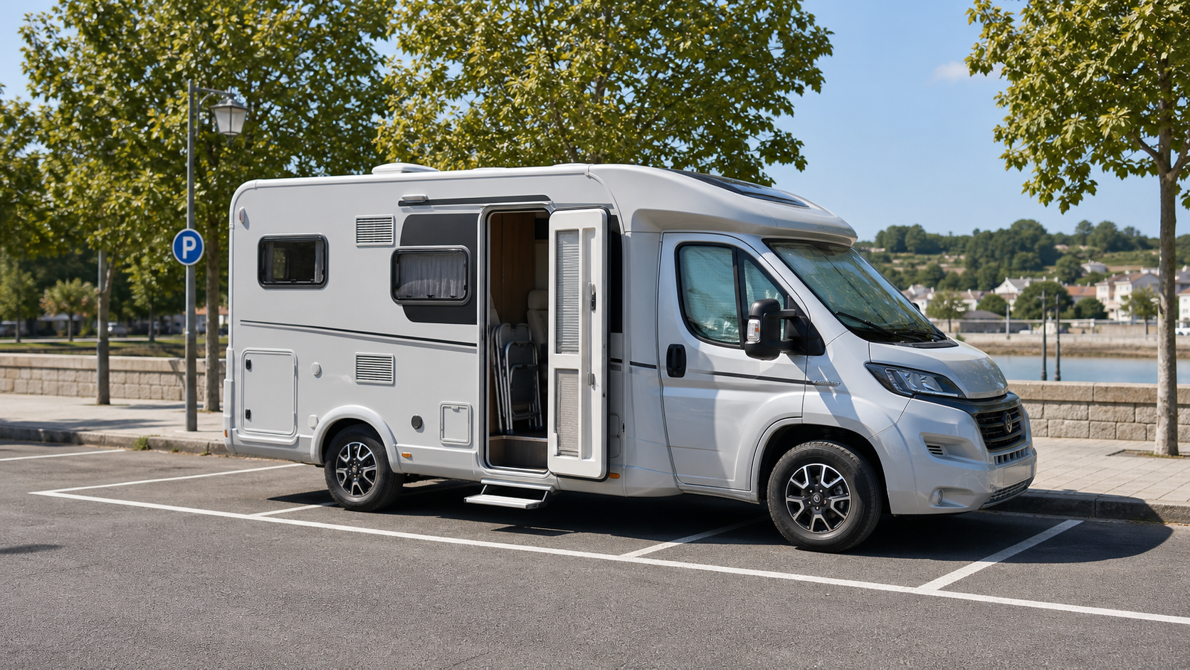 Camper dentro de una plaza marcada con elementos de camping guardados