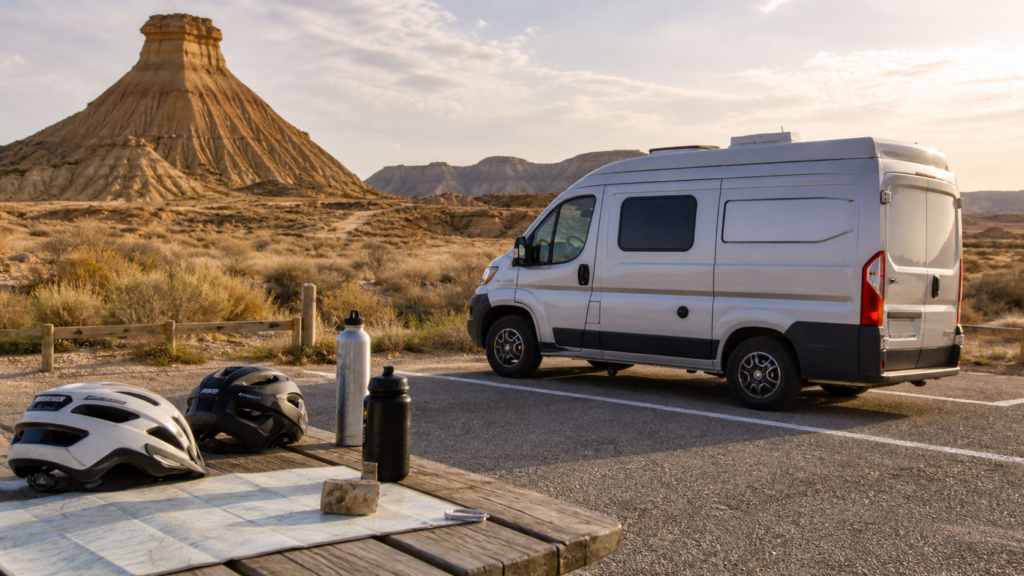 Camper cerca de Bardenas Reales con paisaje semidesertico y plan de ruta