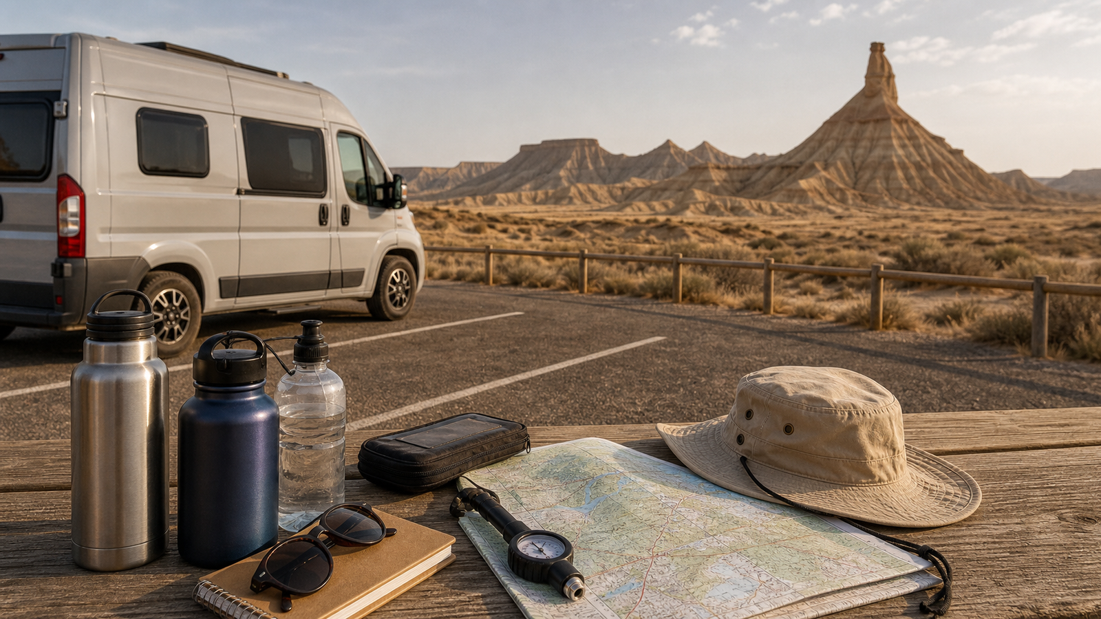 Preparación de ruta en camper por Navarra y Bardenas Reales con agua y mapa