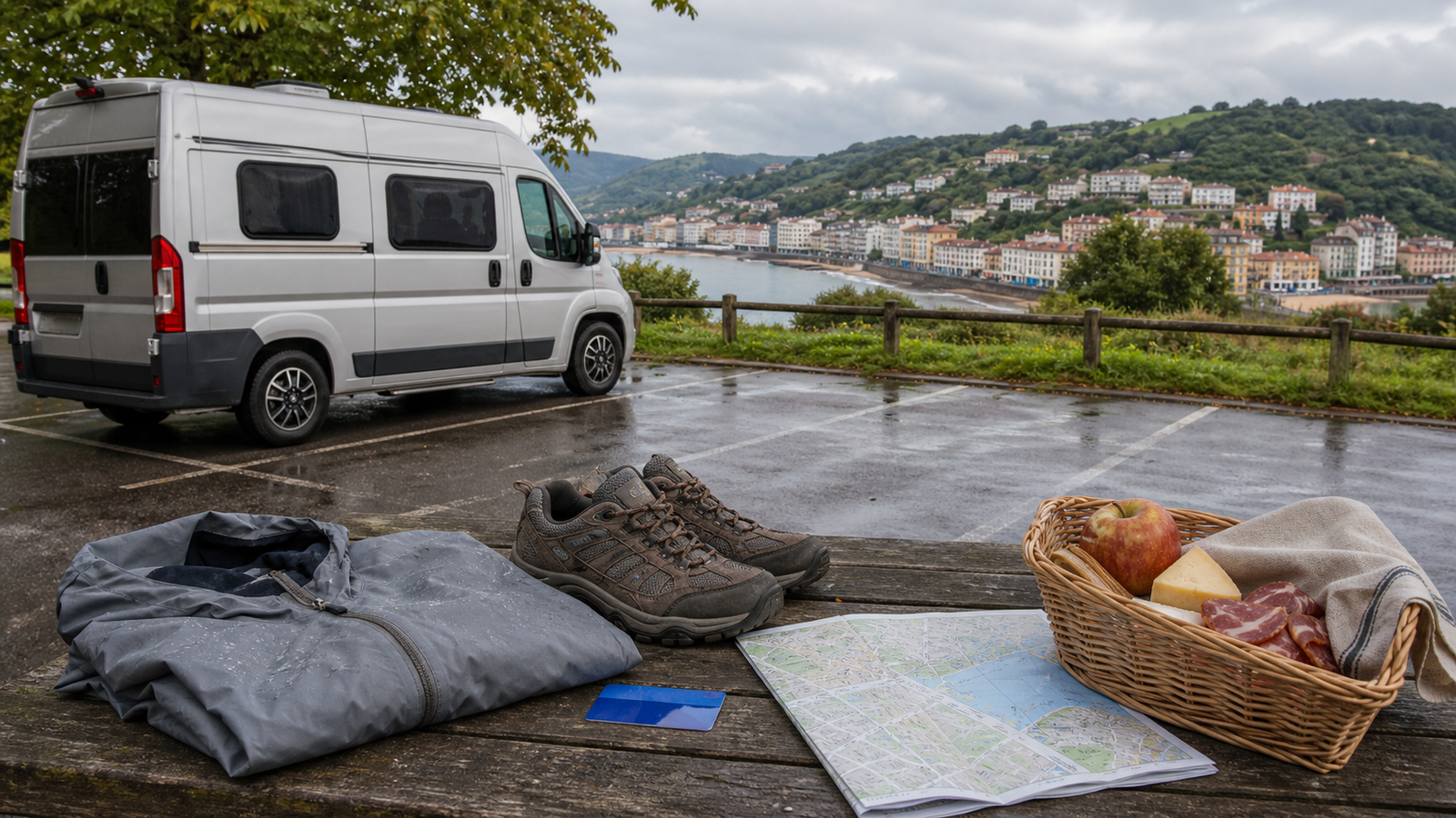 Autocaravana estacionada a las afueras de un pueblo del País Vasco