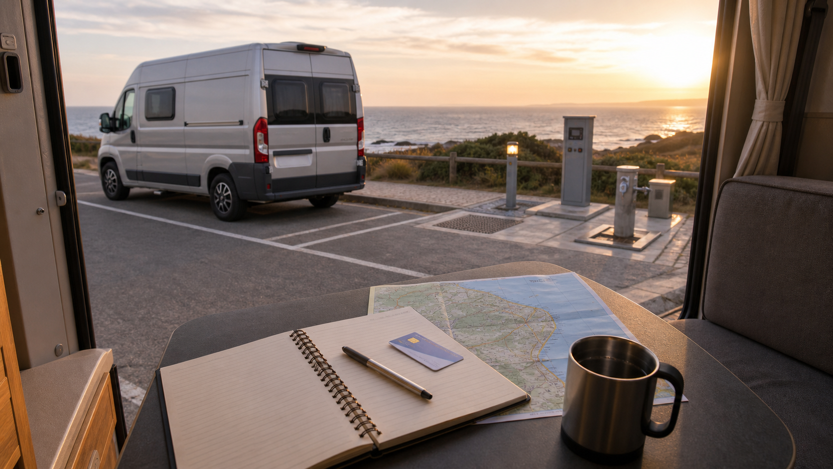 Área legal para autocaravana en Portugal con plan de peajes y ruta