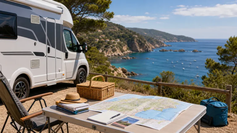 Autocaravana frente a la costa con mesa y mapa de ruta
