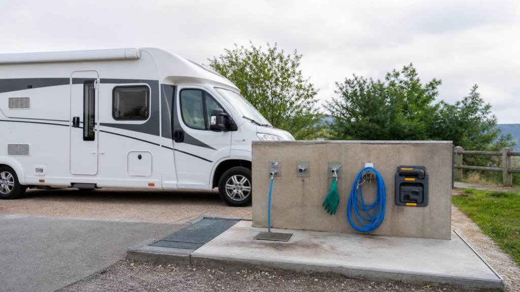 Punto limpio de vaciado de aguas para autocaravana con manguera y cassette